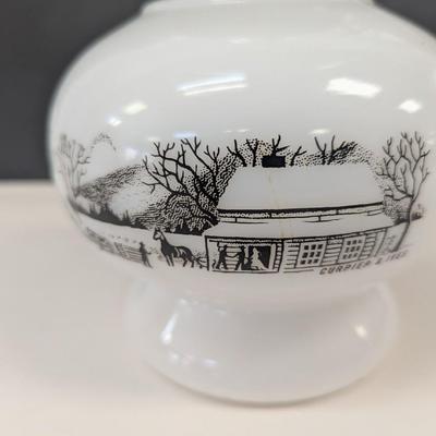 Vintage Oil Lamp Currier & Ives Milk Glass Base With Clear Glass Shade Choice 2