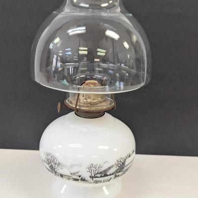 Vintage Oil Lamp Currier & Ives Milk Glass Base With Clear Glass Shade Choice 2