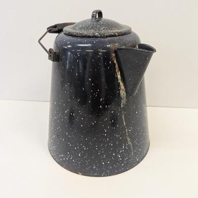 Black Enamel Speckled Coffee Pot Approx 12" Tall