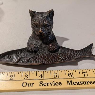 Vintage Metal Cat with Fish Trinket Dish Tray