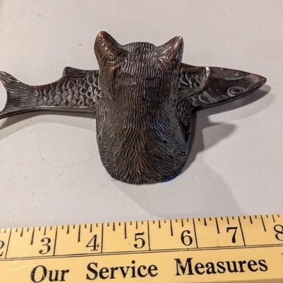 Vintage Metal Cat with Fish Trinket Dish Tray