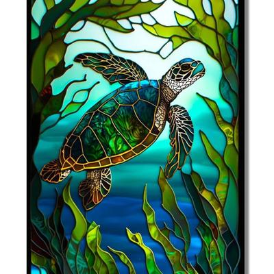 Stained Glass Wall Painting Art Sea Life Turtle, Stain Glass Window Wall Hangings, Home Office Glass Printing Wall Art Decor