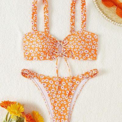 Size Medium - Orange, Pink & White Ditsy Floral Daisy Print Mod Swim Two-Piece Bikini Set Bathing Suit for Summer