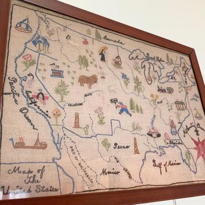 Antique Needlepoint Map of United States Framed