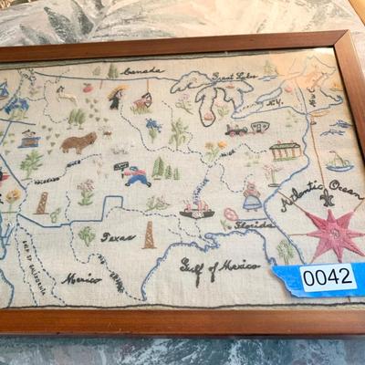 Antique Needlepoint Map of United States Framed