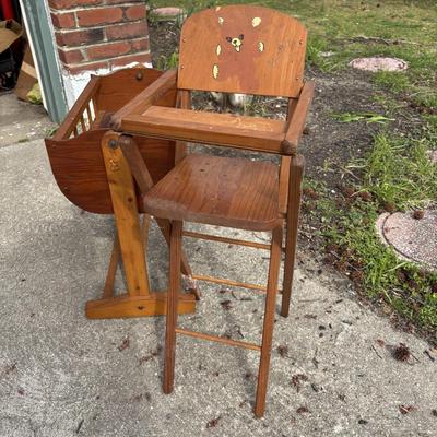 LOT 33: Vintage Cass Toys Doll Highchair, Doll Cradle (unmarked) & Metal Wheelbarrow