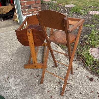 LOT 33: Vintage Cass Toys Doll Highchair, Doll Cradle (unmarked) & Metal Wheelbarrow