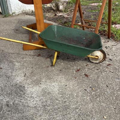 LOT 33: Vintage Cass Toys Doll Highchair, Doll Cradle (unmarked) & Metal Wheelbarrow