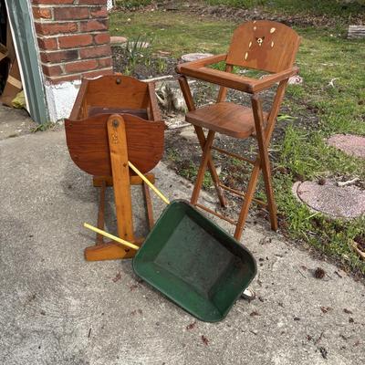 LOT 33: Vintage Cass Toys Doll Highchair, Doll Cradle (unmarked) & Metal Wheelbarrow
