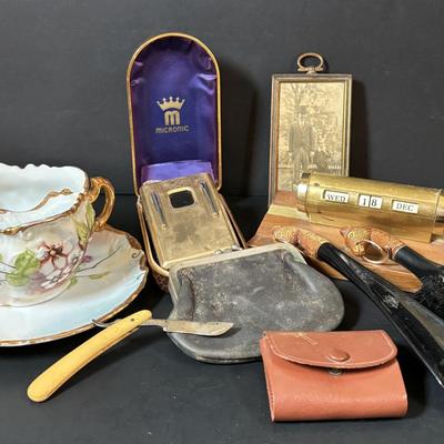 LOT 55: Vintage Audivox, Inc., Micronic Model #303, Antique Brandenburg Porcelain Mustache Cup, Gillett Razor, Schnefel Bros. Straight...