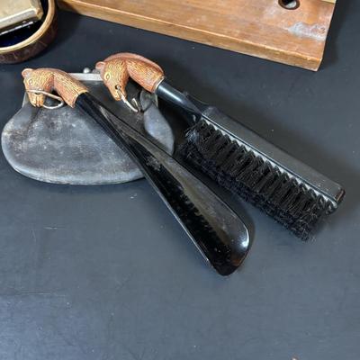 LOT 55: Vintage Audivox, Inc., Micronic Model #303, Antique Brandenburg Porcelain Mustache Cup, Gillett Razor, Schnefel Bros. Straight...