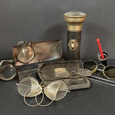 LOT 56: Antique/Vintage Spectacles, Franco Flashlight, Zaner Bloser Dip Pen w./Nib & a Tin Holder