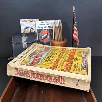 LOT 57: Vintage 1908 Replica Sears, Roebuck & Co., Catalog (1960/70), Pressed Glass Train Candy Container, Gemsco Made in England...