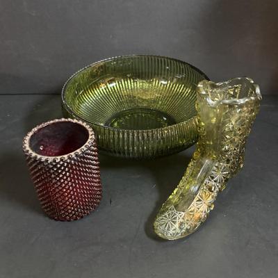 LOT 58: Vintage Olive Green Glass Collection: E.O. Brody Dish, Bucket Ashtray & Boot, Faroy Glass Votive/Toothpick Holder, Patriotic...
