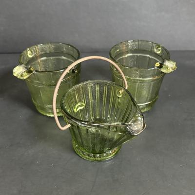 LOT 58: Vintage Olive Green Glass Collection: E.O. Brody Dish, Bucket Ashtray & Boot, Faroy Glass Votive/Toothpick Holder, Patriotic...
