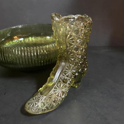 LOT 58: Vintage Olive Green Glass Collection: E.O. Brody Dish, Bucket Ashtray & Boot, Faroy Glass Votive/Toothpick Holder, Patriotic...