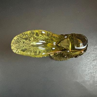 LOT 58: Vintage Olive Green Glass Collection: E.O. Brody Dish, Bucket Ashtray & Boot, Faroy Glass Votive/Toothpick Holder, Patriotic...