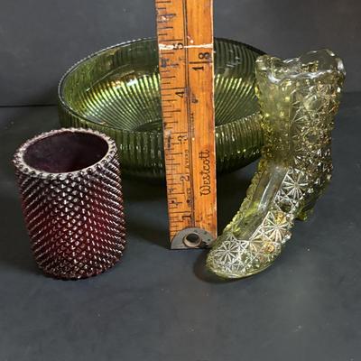 LOT 58: Vintage Olive Green Glass Collection: E.O. Brody Dish, Bucket Ashtray & Boot, Faroy Glass Votive/Toothpick Holder, Patriotic...