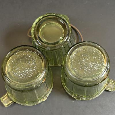 LOT 58: Vintage Olive Green Glass Collection: E.O. Brody Dish, Bucket Ashtray & Boot, Faroy Glass Votive/Toothpick Holder, Patriotic...