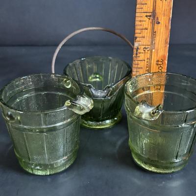 LOT 58: Vintage Olive Green Glass Collection: E.O. Brody Dish, Bucket Ashtray & Boot, Faroy Glass Votive/Toothpick Holder, Patriotic...