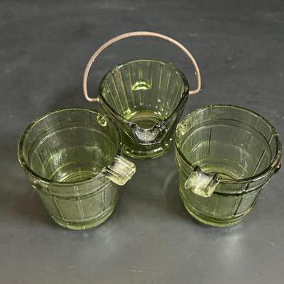 LOT 58: Vintage Olive Green Glass Collection: E.O. Brody Dish, Bucket Ashtray & Boot, Faroy Glass Votive/Toothpick Holder, Patriotic...