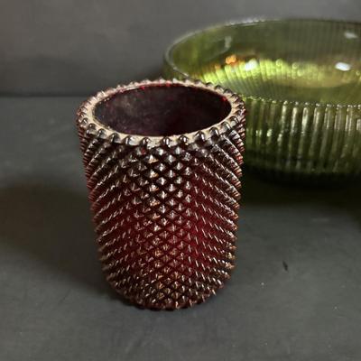 LOT 58: Vintage Olive Green Glass Collection: E.O. Brody Dish, Bucket Ashtray & Boot, Faroy Glass Votive/Toothpick Holder, Patriotic...