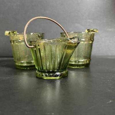 LOT 58: Vintage Olive Green Glass Collection: E.O. Brody Dish, Bucket Ashtray & Boot, Faroy Glass Votive/Toothpick Holder, Patriotic...