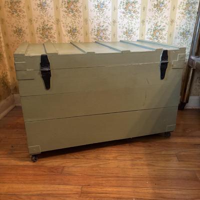 LOT 71: Painted Green Trunk/Chest on Wheels
