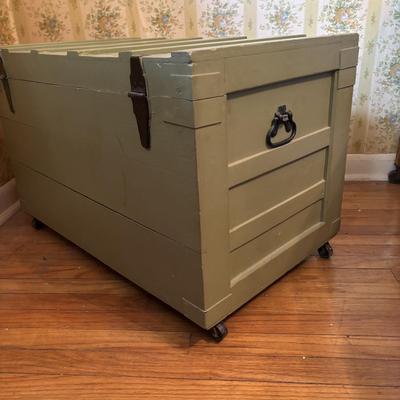 LOT 71: Painted Green Trunk/Chest on Wheels