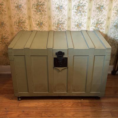 LOT 71: Painted Green Trunk/Chest on Wheels