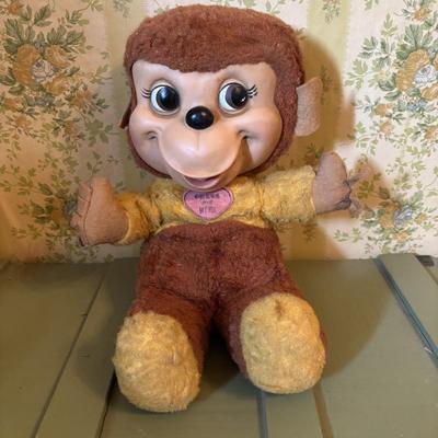 LOT 73: Vintage Toys & Plushes: Wind-up Walking Doll, Wind-up Train Station, Musical Motion Swan, Monkey "Press Here" for...