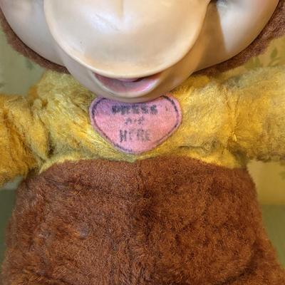 LOT 73: Vintage Toys & Plushes: Wind-up Walking Doll, Wind-up Train Station, Musical Motion Swan, Monkey "Press Here" for...