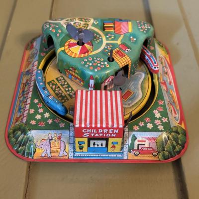 LOT 73: Vintage Toys & Plushes: Wind-up Walking Doll, Wind-up Train Station, Musical Motion Swan, Monkey "Press Here" for...