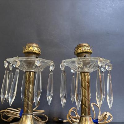 LOT 80: Brass & Cranberry Glass Hurricane Lamps w/Crystal