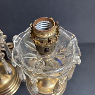 LOT 80: Brass & Cranberry Glass Hurricane Lamps w/Crystal