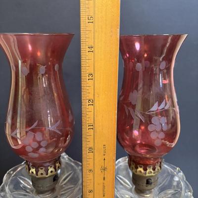 LOT 80: Brass & Cranberry Glass Hurricane Lamps w/Crystal