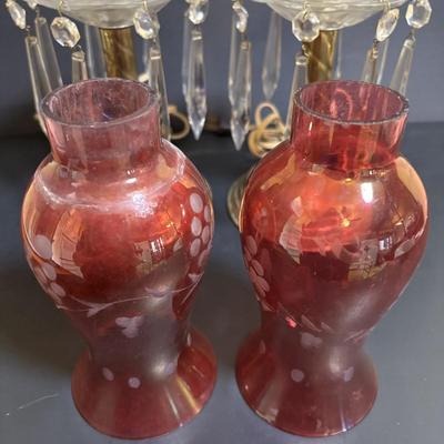 LOT 80: Brass & Cranberry Glass Hurricane Lamps w/Crystal