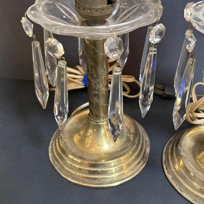 LOT 80: Brass & Cranberry Glass Hurricane Lamps w/Crystal