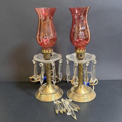 LOT 80: Brass & Cranberry Glass Hurricane Lamps w/Crystal