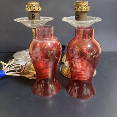 LOT 80: Brass & Cranberry Glass Hurricane Lamps w/Crystal