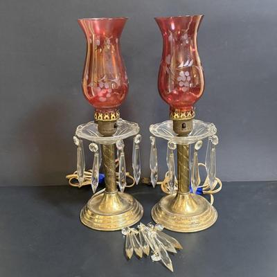 LOT 80: Brass & Cranberry Glass Hurricane Lamps w/Crystal