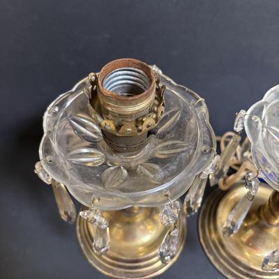 LOT 80: Brass & Cranberry Glass Hurricane Lamps w/Crystal