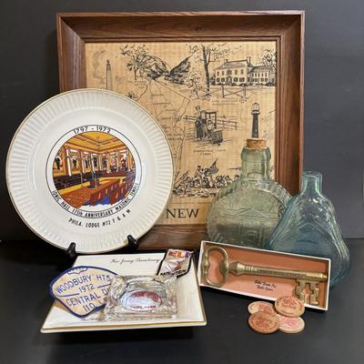 LOT 81:Woodbury Heights & Pitman Commemorative Bottles, Fort Mercer, National Park Ashtray, Philadelphia Masonic Temple Plate, The...