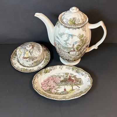 LOT 84: Johnson Bros. of England Ironstone Coffee Pot, Butter Dish & Small Oval Platter Dishware: The Friendly Village Collection