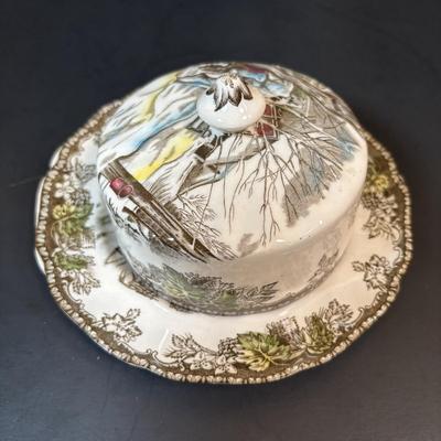 LOT 84: Johnson Bros. of England Ironstone Coffee Pot, Butter Dish & Small Oval Platter Dishware: The Friendly Village Collection