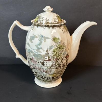 LOT 84: Johnson Bros. of England Ironstone Coffee Pot, Butter Dish & Small Oval Platter Dishware: The Friendly Village Collection