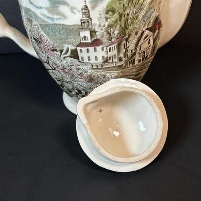 LOT 84: Johnson Bros. of England Ironstone Coffee Pot, Butter Dish & Small Oval Platter Dishware: The Friendly Village Collection