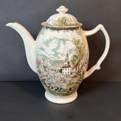 LOT 84: Johnson Bros. of England Ironstone Coffee Pot, Butter Dish & Small Oval Platter Dishware: The Friendly Village Collection