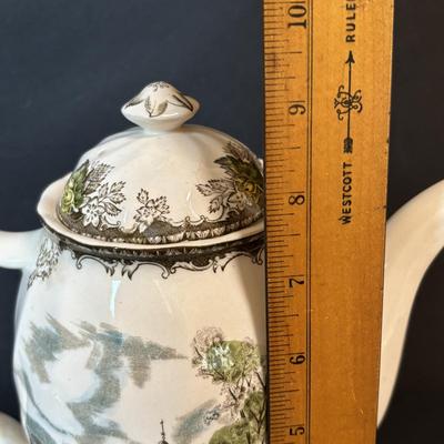 LOT 84: Johnson Bros. of England Ironstone Coffee Pot, Butter Dish & Small Oval Platter Dishware: The Friendly Village Collection