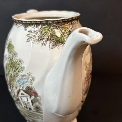 LOT 84: Johnson Bros. of England Ironstone Coffee Pot, Butter Dish & Small Oval Platter Dishware: The Friendly Village Collection